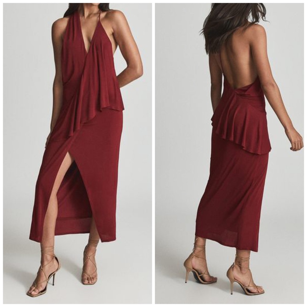 NEW Reiss Xena Draped Ruched Strappy Open Back Midi Cocktail Dress in Deep Red